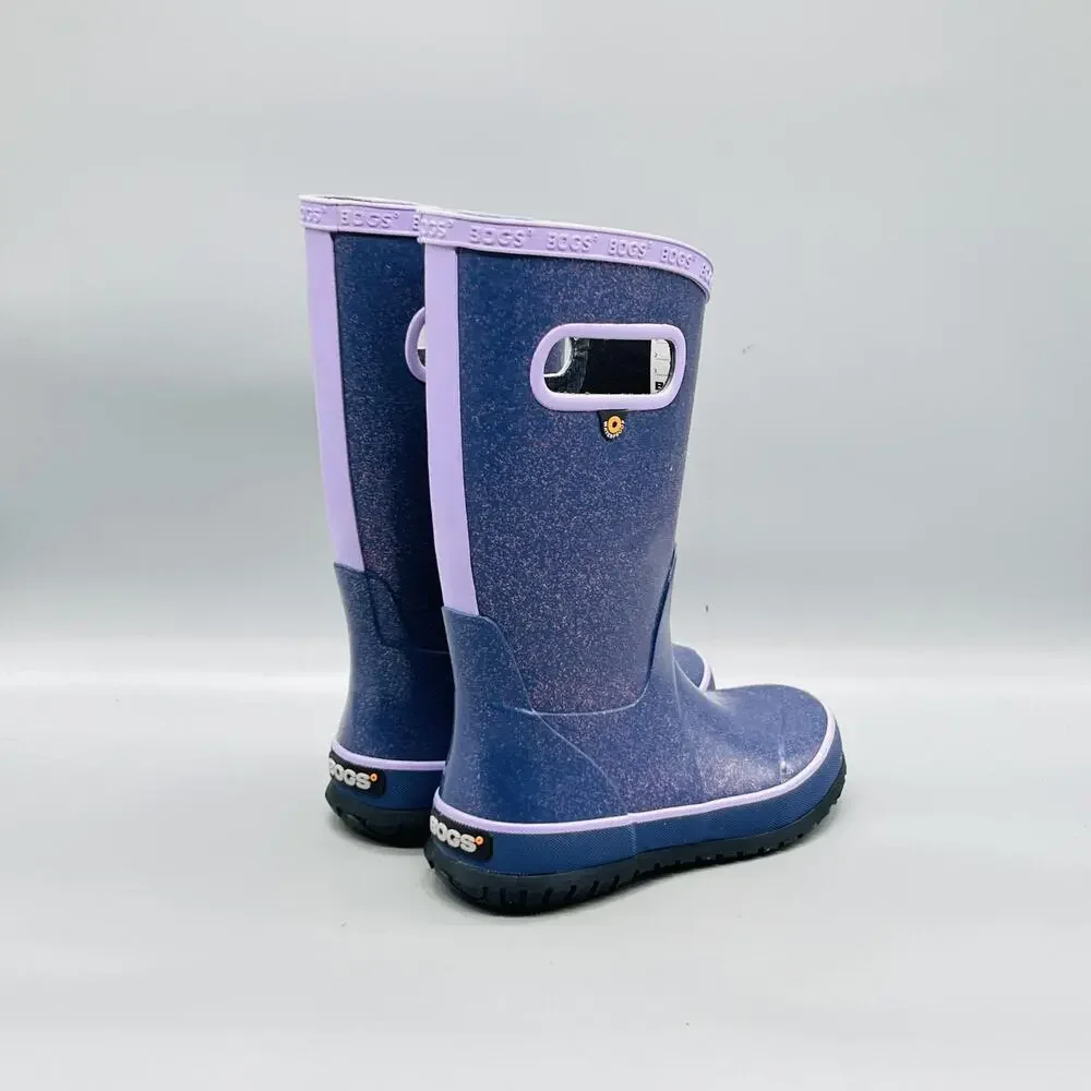 Bogs Boots Kids 13 Purple Glitter Rain Boot Pull On Rubber Waterproof Tall Shoes